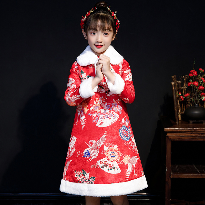 旗袍女童冬天加绒加厚中国风唐装宝宝长袖冬裙拜年服红色汉服古装