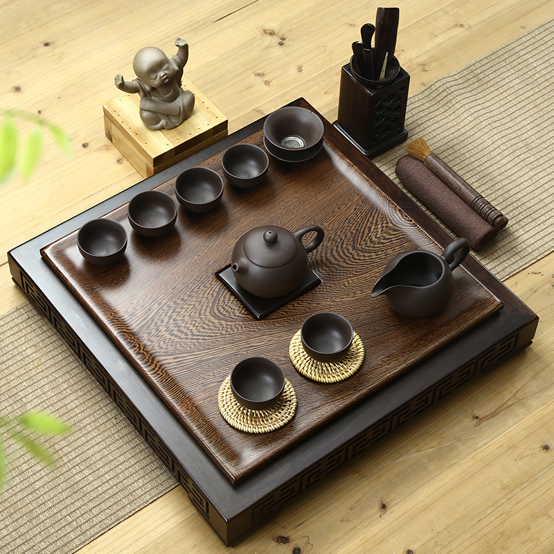 鸡翅实木茶盘 轻奢 紫砂壶功夫茶具套装家用整套现代排水简约茶台
