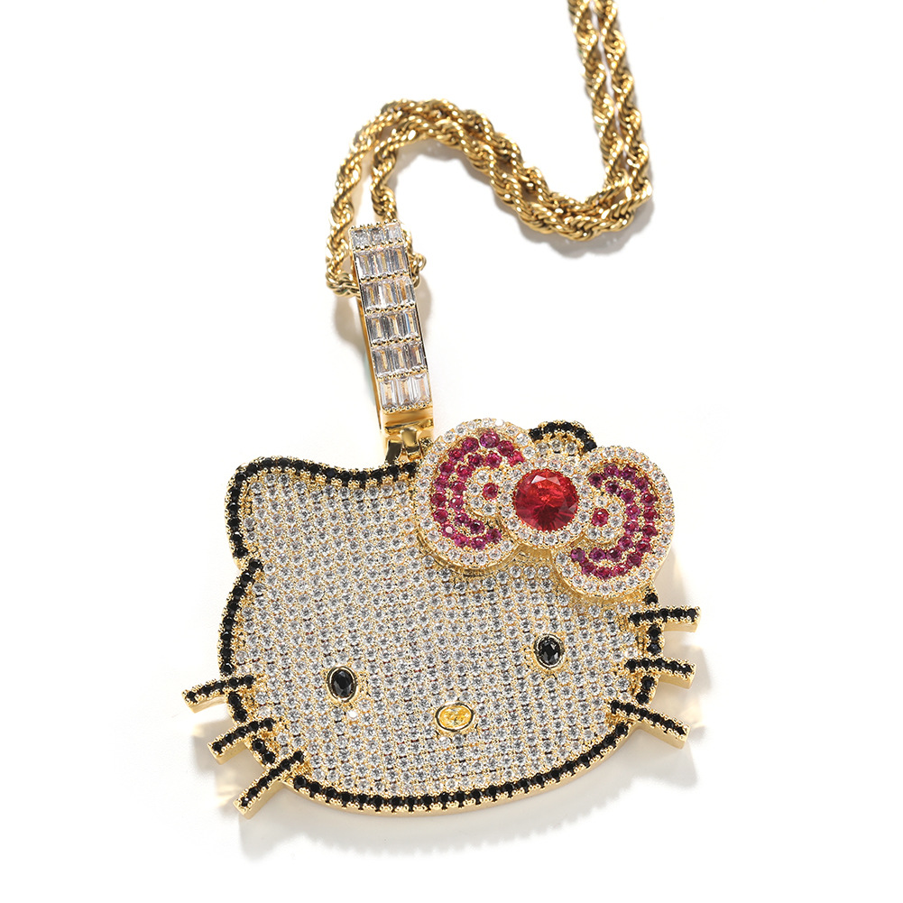 European and American Ins Style Cartoon Cat Necklace Wholesale Female Copper Inlaid Zircon Gold Sweet Pendant Hemp Flowers Chain Ornament