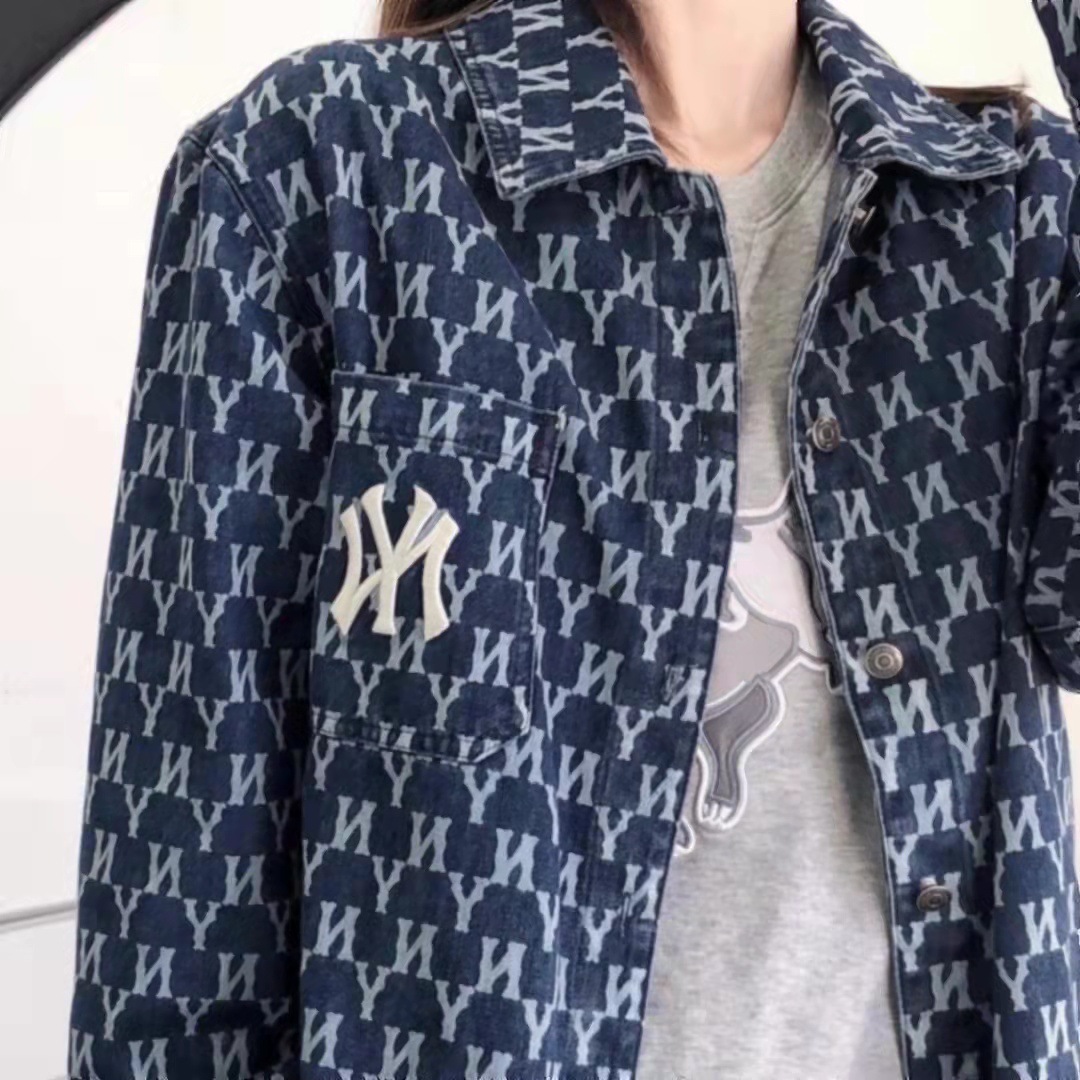 一件代发mlb/ny21年秋季新款男女韩版休闲老花刺绣牛仔衬衣外套
