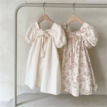 2024新款韩版夏装新款洋装女童宝宝短袖泡泡袖甜美碎花方领洋批发