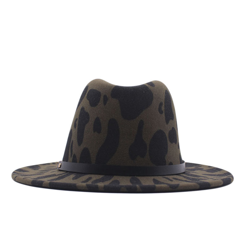 跨境速卖通奶牛纹毛呢礼帽女软呢毡帽欧美流行大檐爵士帽男户外