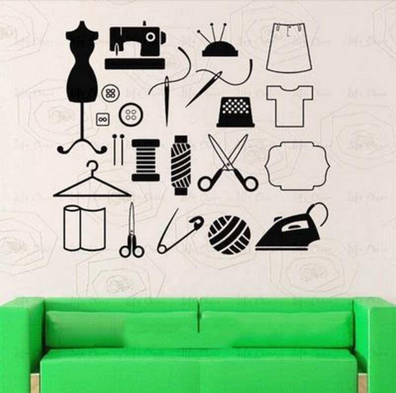 缝纫机 针线 图案创意精雕墙贴裁缝店装饰贴纸 尺寸可定制