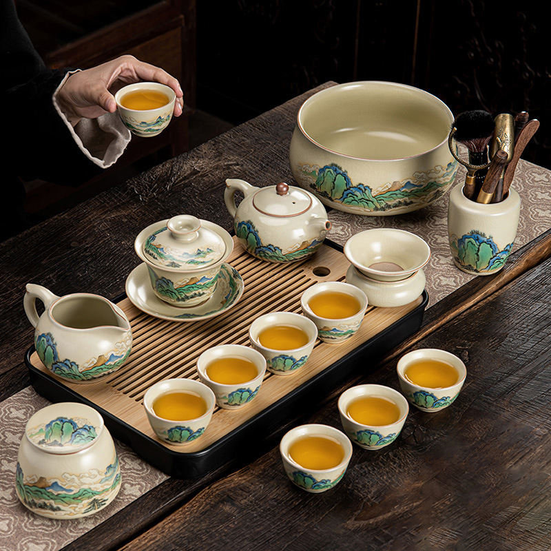 汝窑功夫茶具套装高端泡茶壶茶杯家用高档轻奢陶瓷盖碗整套送礼盒