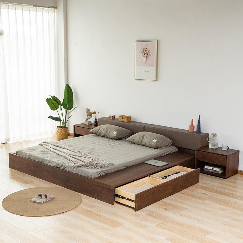 榻榻米实木床北美黑胡桃木日式落地矮床北欧原木轻奢地台储物大床
