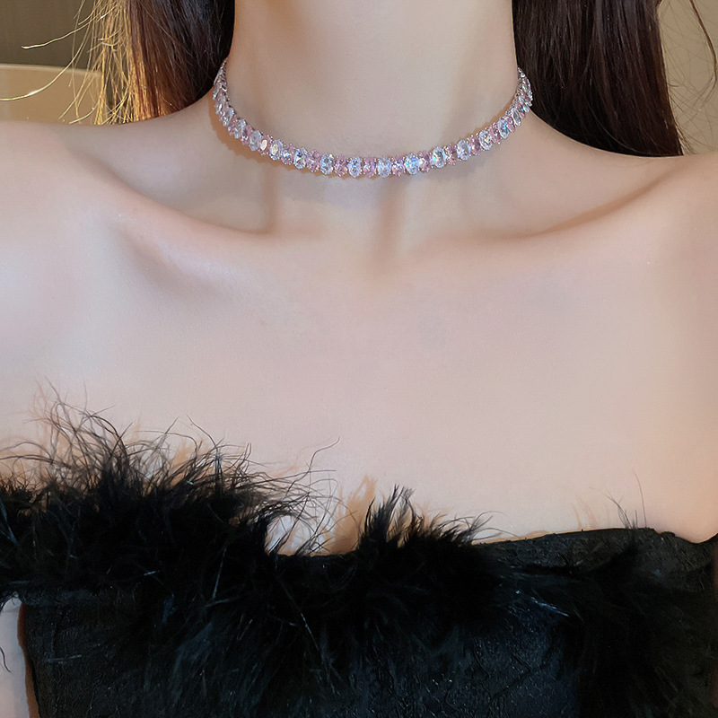 Oval Pink Zirconium High-Grade Collar Minority All-Match Clavicle Chain Light Luxury Temperament Fashion Design Sense Necklace Women