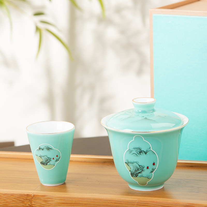 Jingdezhen Ceramic Tea Set Opening Gift Kung Fu Tea Set Wholesale Printed Logo Home Celadon Glaze Tureen Gift Box