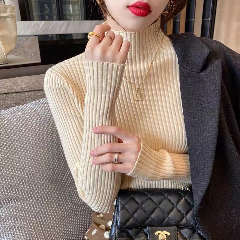 坑条半高领打底衫女士内搭毛衣女秋冬新款短款修身厚打底衫配大衣