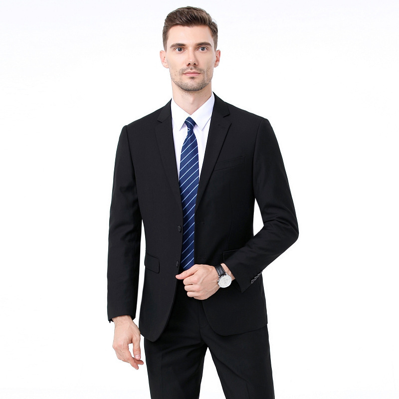 时尚新款男式西服套装中年男士双开叉黑色商务职业装白领婚庆礼服
