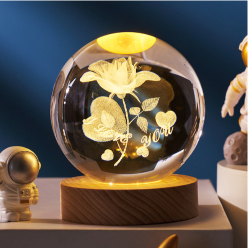 批发玫瑰花水晶球3d内雕小夜灯发光玻璃球礼品纪念品桌面摆件礼物