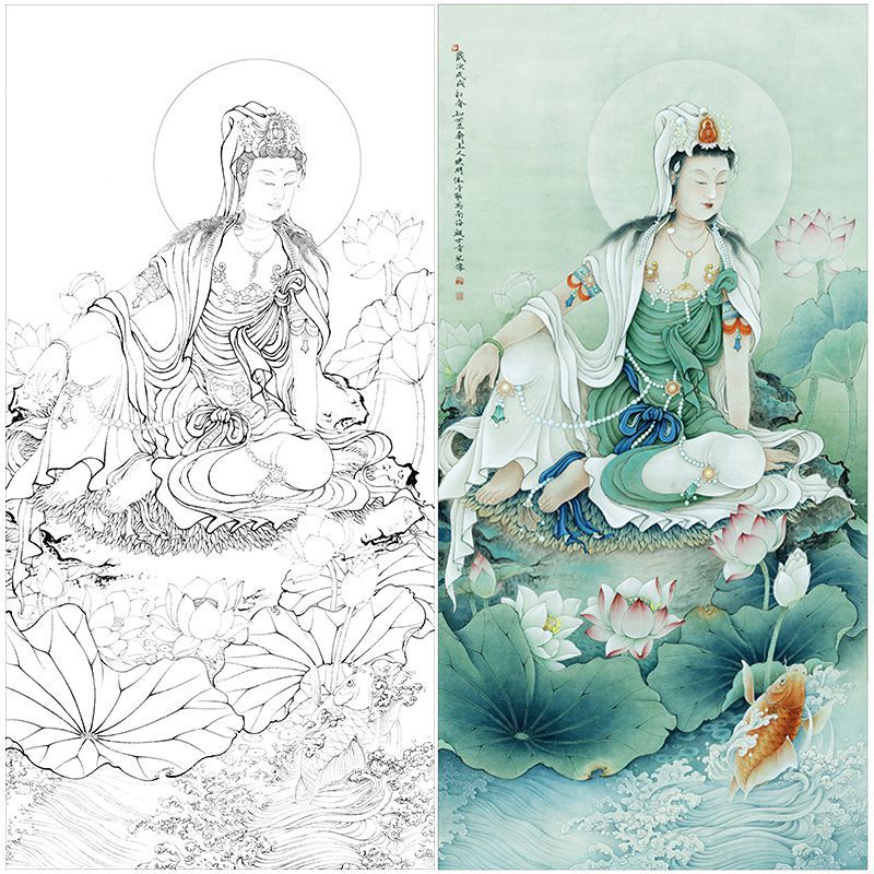 【有步骤】李晓明工笔画白描底稿观音菩萨四尺初学者临摹画稿原大