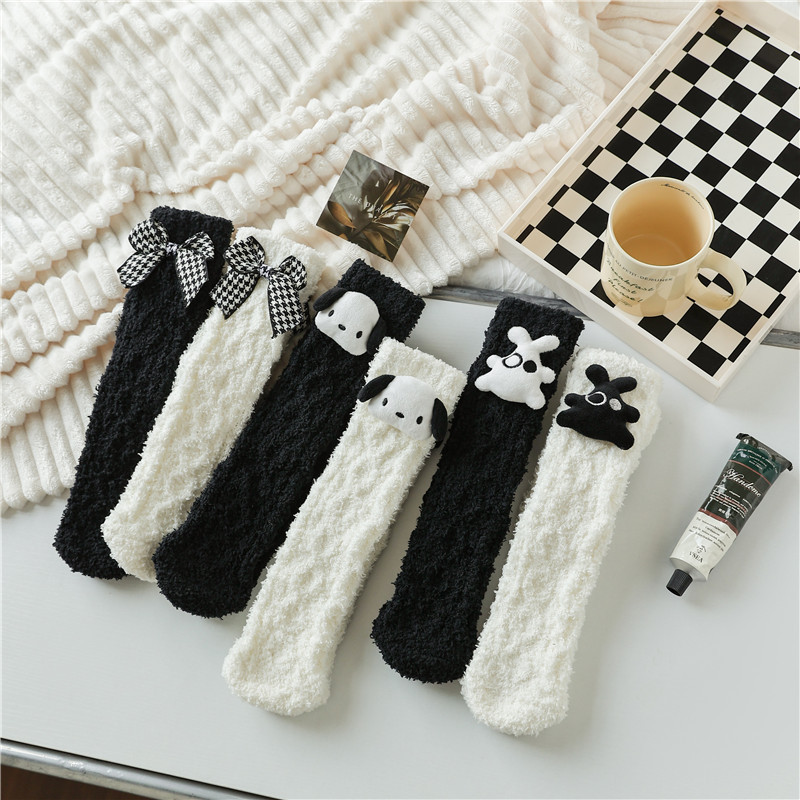 Socks Female Doll Bow Coral Fleece Tube Socks Winter Fleece Lined Padded Warm Keeping Black and White Room Socks Sleeping Socks