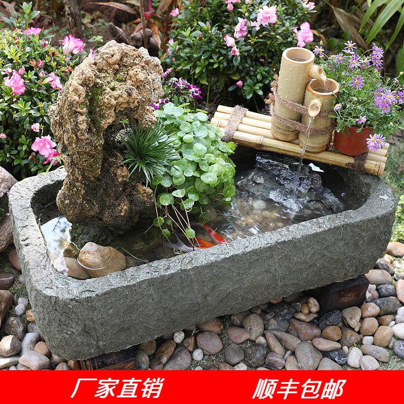 新中式创意庭院石磨循环流水鱼池假山喷泉石槽造景水景观阳台摆件