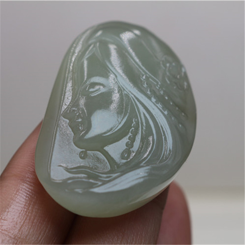 天然新疆和田玉青白料美女头像仙女侧脸椭圆仕女头像吊坠挂件人物