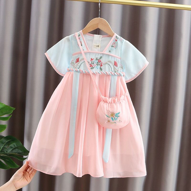 Girls' Han Chinese Costume Children's Children's Wear for Spring and Summer Princess Dress Chinese Style Super Fairy Han Yuan Plain Women Baby Embroidered Chinese Costume Jacket and Dress