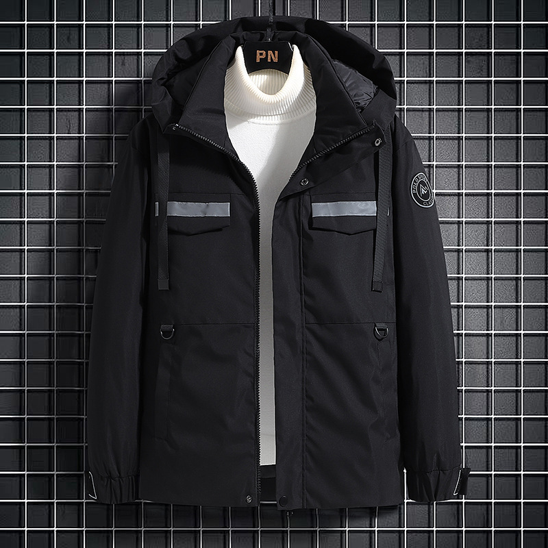 时尚反光贴条连帽羽绒服男秋冬季户外2024新款加厚宽松大码外套