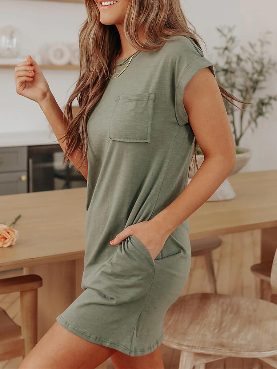 2023 Cross-Border Summer New Loose Casual Women's European and American Fashion round Neck Short Sleeves Pocket Dress Commuter T-shirt