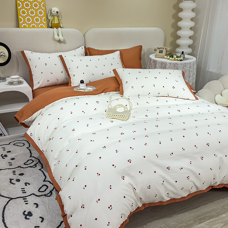 Washed Cotton Double-Layer Yarn Cotton and Linen Printed Four-Piece Bedding Set Bed Sheet Quilt Cover Bedding Four-Piece Set Gift Wholesale