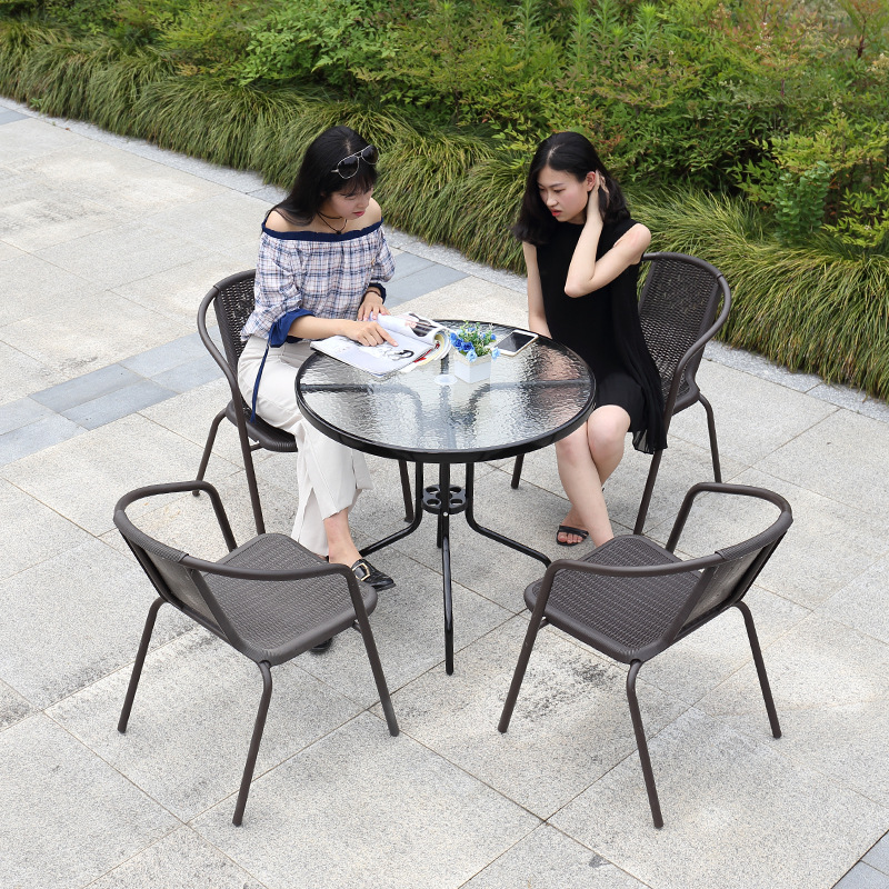 Outdoor Desk-Chair Rattan Chair with Umbrella Balcony Leisure Courtyard Iron Coffee Table Combination Rattan Outdoor Terrace Three Or Five-Piece Set