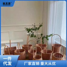 仿藤编手提花篮铁艺造型鲜花绿植篮子手工编织小花篮客厅装饰摆件