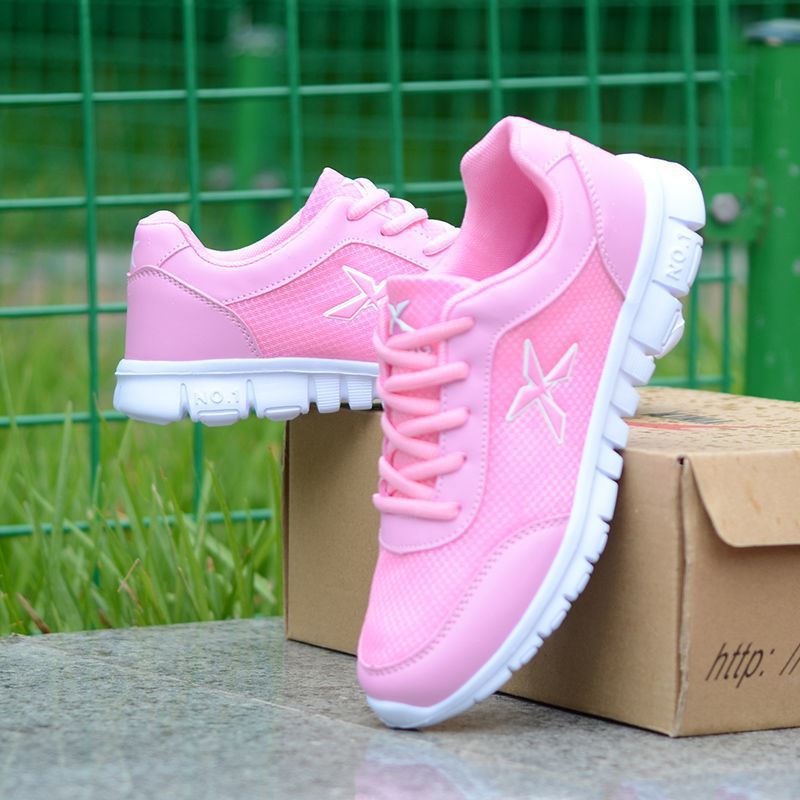 粉色运动鞋女休闲鞋系带跑步鞋透气轻便舒适防臭波鞋女鞋韩版