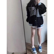 美式街头小众牛仔拼接棒球服外套女秋冬加绒加厚oversize夹克上衣