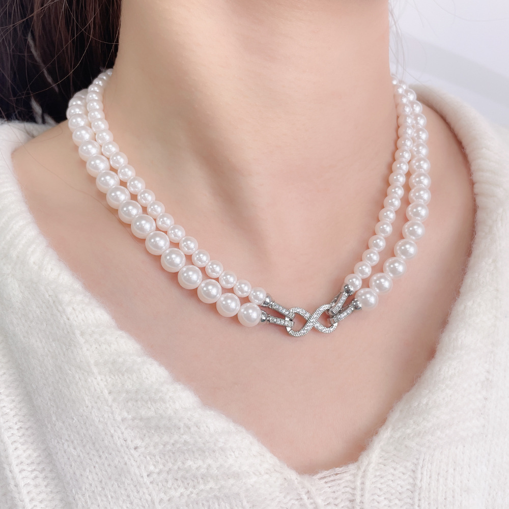 双层珍珠裙摆项链女气质高级感施家珍珠项链女时尚高颈毛衣链多带