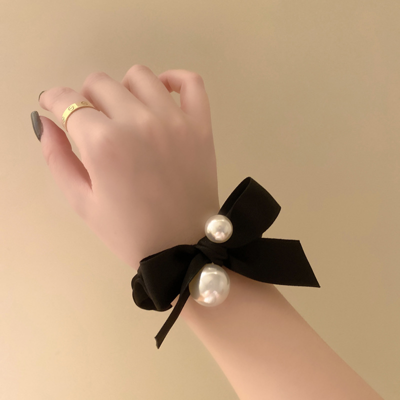 High-End Fashion Pearl Super Elastic Velvet Simple Temperament Black Headband Bowknot Hair Ring Rubber Band Hair Rope