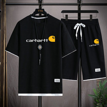2023跨境潮牌carhartt夏季薄款华夫格短袖短裤两件套港风男士新款
