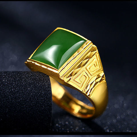 二代和田玉男士碧玉戒指 优雅男士指环玉石 仿黄金男士保色指环