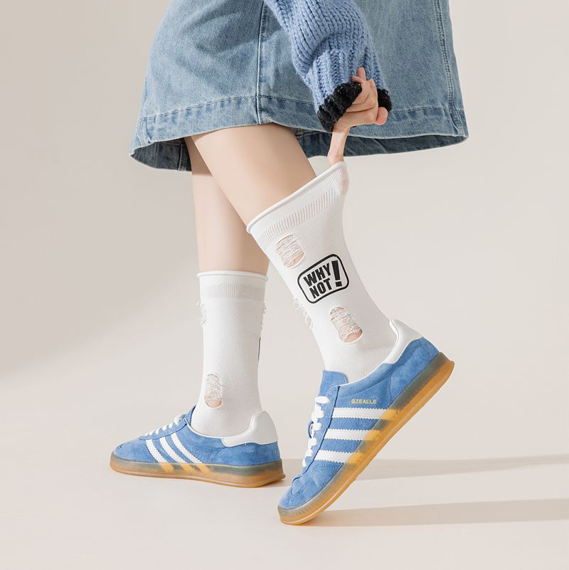 花田靴下袜子 新款无骨中筒个性字母油印破洞ins风美式街头长筒袜