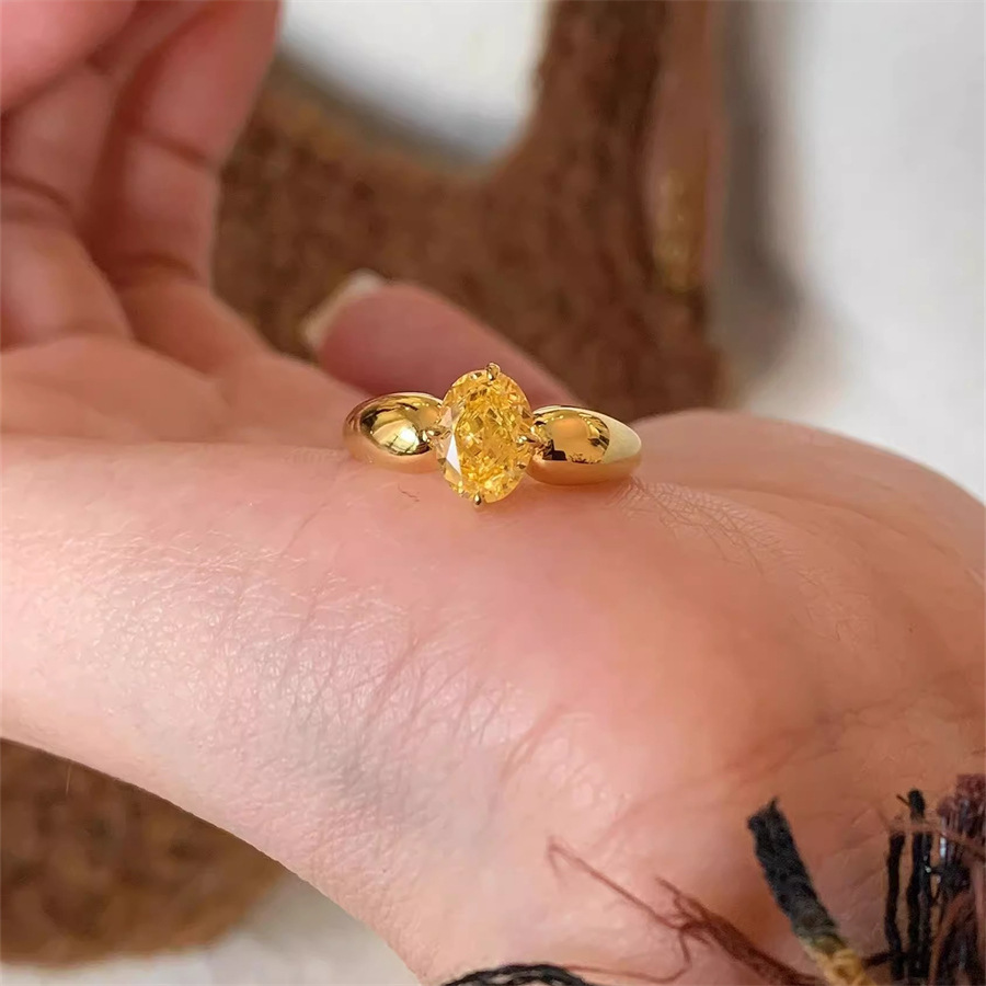 中古风蛋形黄色锆石戒指女925纯银轻奢高级感vintage食指戒指环潮