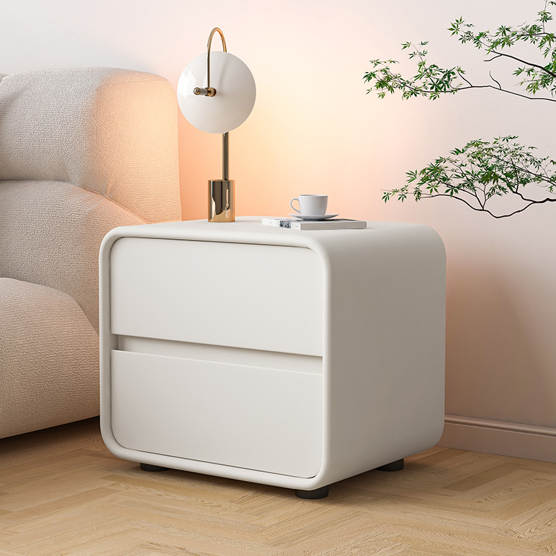 Simple Modern Solid Wood Leather Bedside Table Creative and Slightly Luxury Cream Style Bedroom Bedside Cabinet Italian Minimalist Storage Cabinet