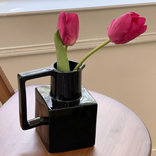 假花北欧复古仿真花黑色陶瓷花瓶摆件客厅插花干花桌面装饰