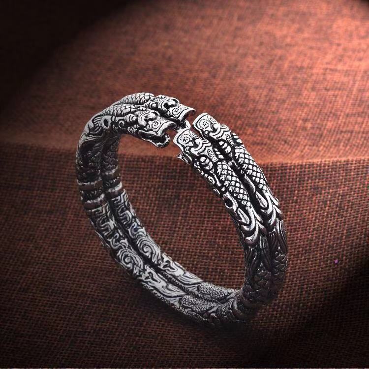 The Mystic Nine Same Style Two Rattle Double Chinese Dragon Heads Bracelet Men and Women Domineering Retro Distressed Imitation Thai Silver Open Couple Bracelet