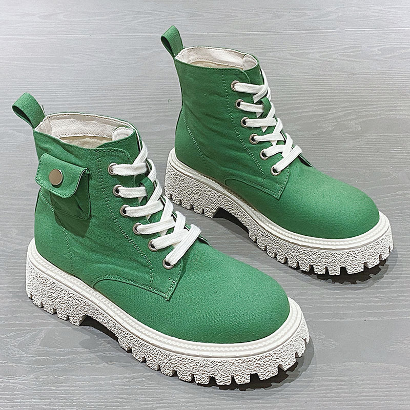 口袋帆布马丁靴女2021新款春秋单靴英伦风增高显瘦高帮工装小短靴