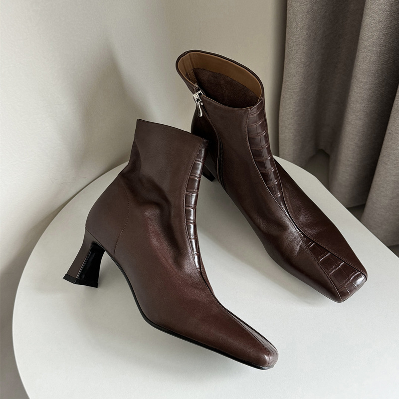 法式复古头层牛皮高跟瘦瘦靴棕色欧美方头气质通勤粗跟加绒短靴女