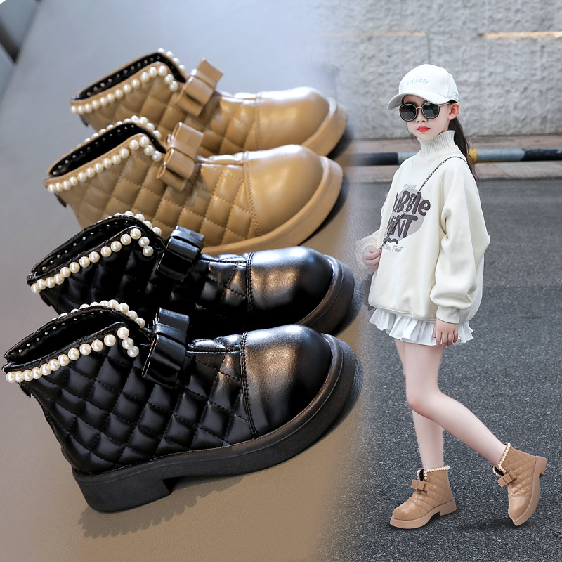 女童菱格加绒短靴2023秋冬新款英伦风公主皮靴小女孩雪地靴蝴蝶结