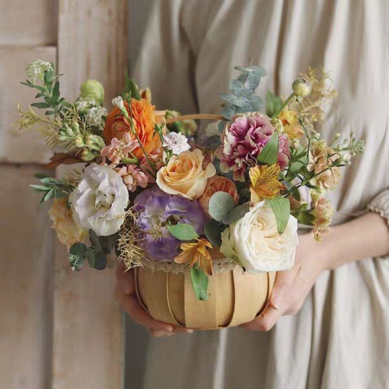 花篮编织篮木片插花柳编手提篮子竹花盆鲜花花艺沙龙手工diy夏天