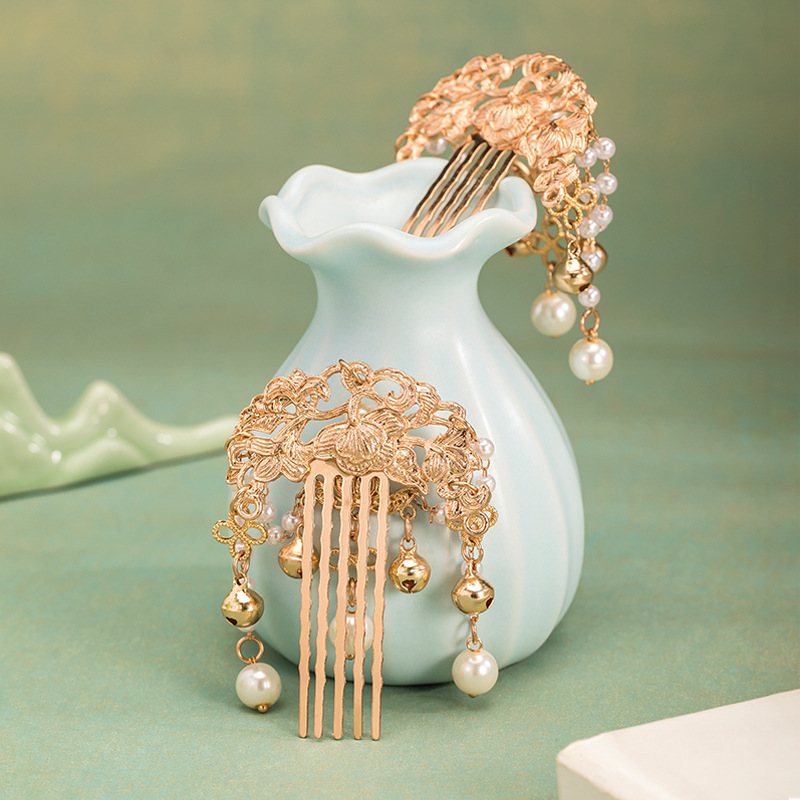 金色铃铛发梳掩鬓发钗钗古风饰品批发汉服发饰古风头饰古装配饰女