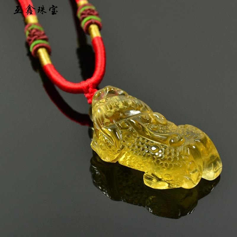 互鑫 原石打磨黄水晶貔貅吊坠一步登天挂坠男女礼物 红色挂绳