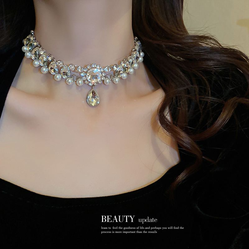 Korean-Style Light Luxury Shiny Diamond-Encrusted Bow Pearl Tassel Necklace Fashion Personalized Clavicle Chain High-Grade Necklace Women