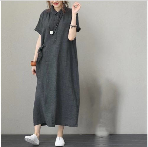 Cross-Border New Arrival Polo Collar Cotton and Linen Lapel Short Sleeve Loose Pockets Temperament Women's Casual Dress Dress