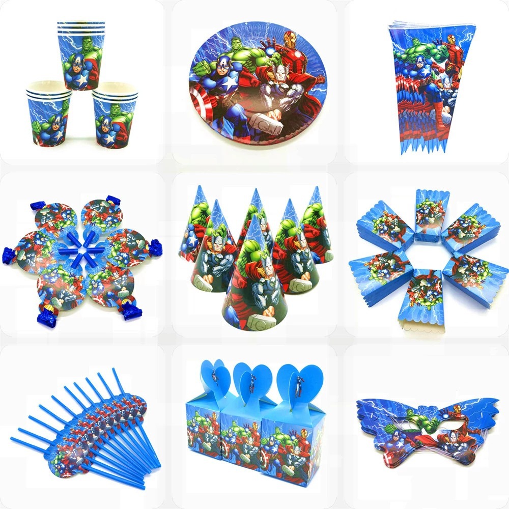 Avengers Children Birthday and Holiday Party Suit Pennant Paper Cup Paper Pallet Mask Party Tableware Set