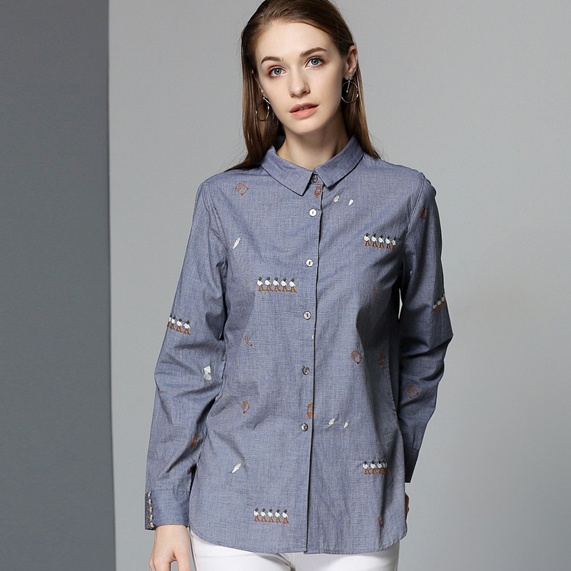 la2020秋冬原创衣服新款复古polo领长袖显瘦刺绣开衫针织衬衫女装