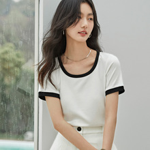 批发2023新款夏季韩版修身显瘦内搭清新外穿撞色方领女士短袖T恤
