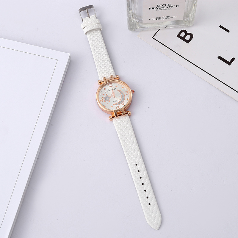 Fashion New Women's Belt Watch Japanese and Korean New Star Moon Diamond-Embedded Watch All-Match Solid Color Couple's Watch