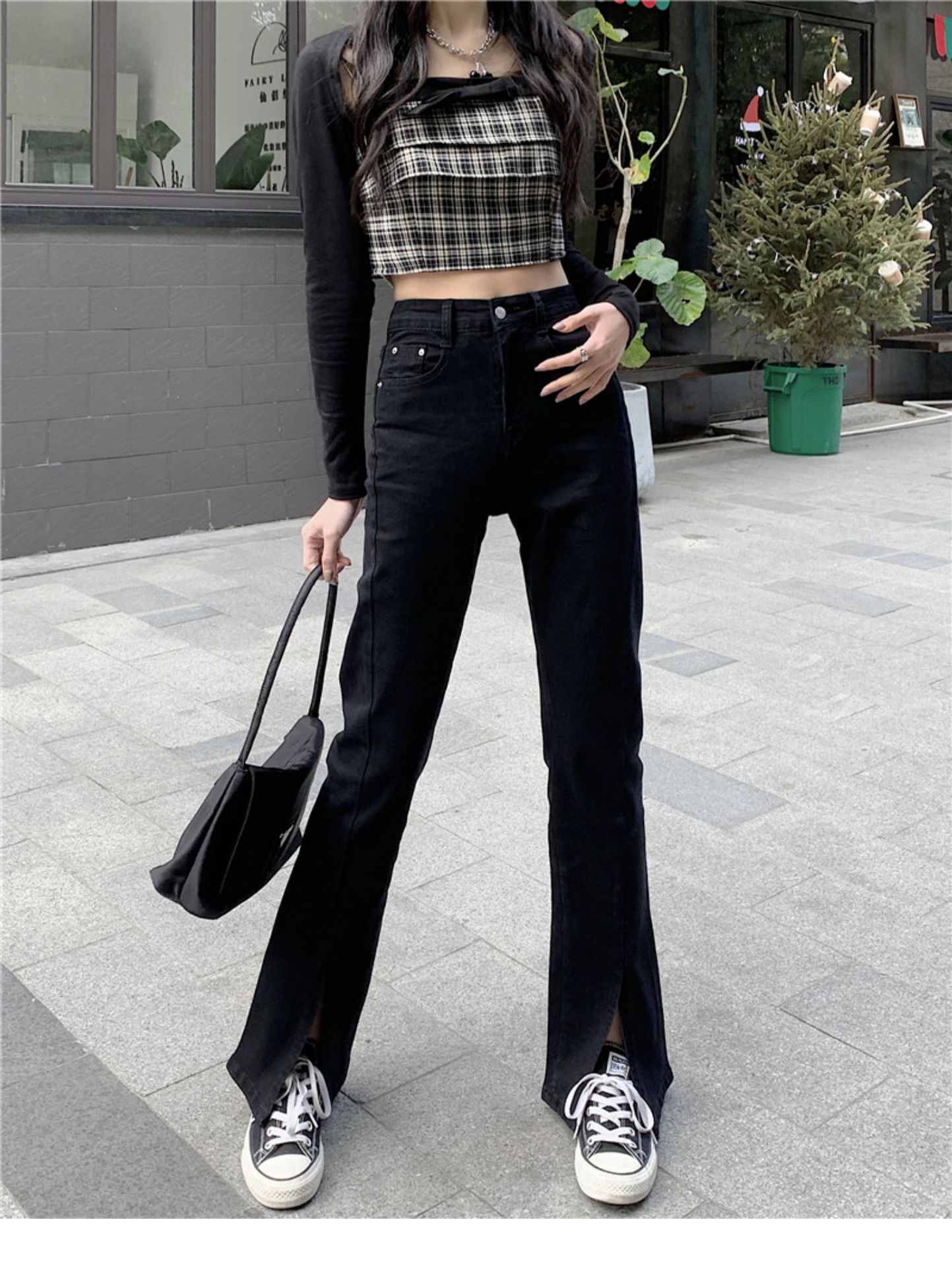 黑色开叉牛仔裤女设计感高腰显瘦宽松垂感大码梨形身材微喇叭裤子