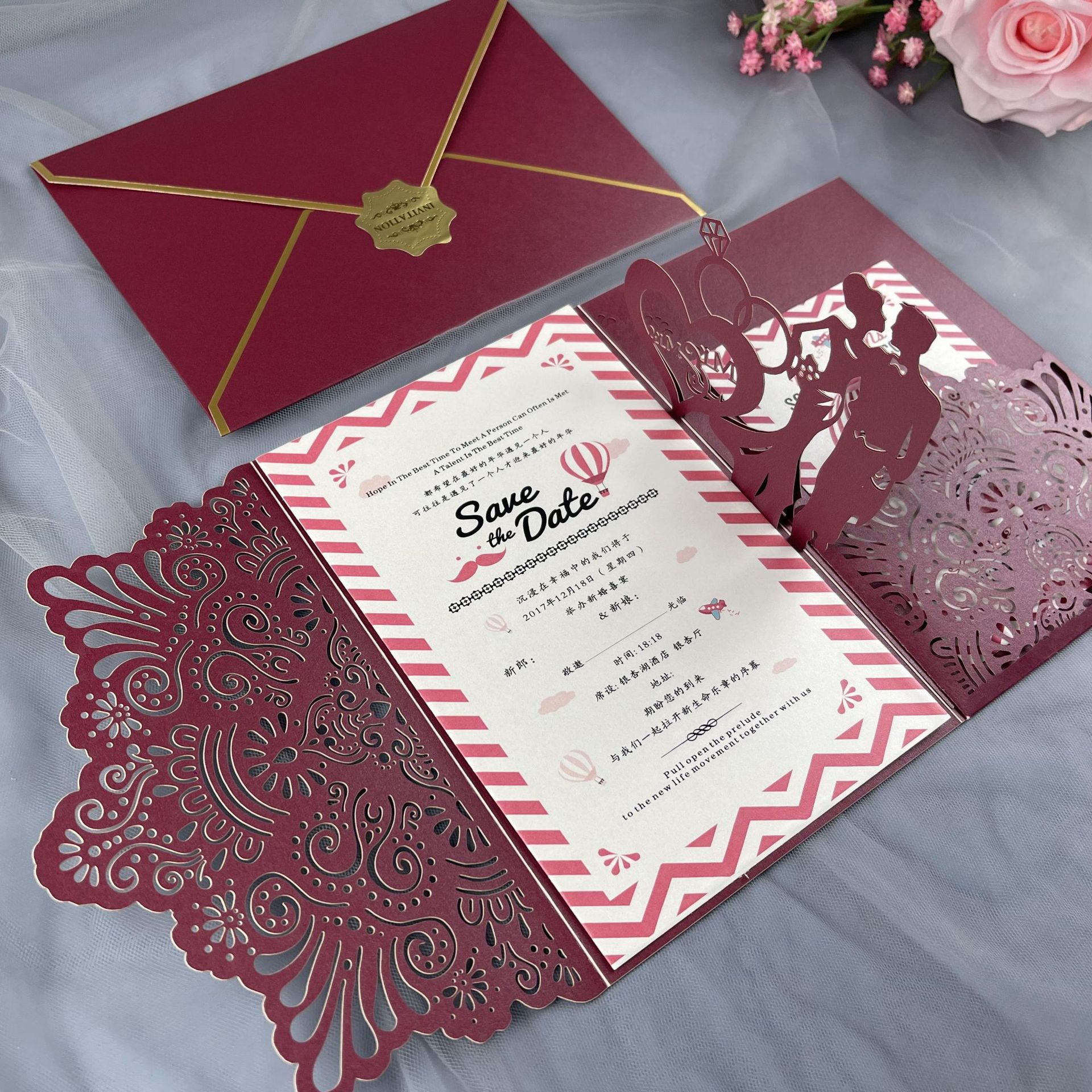 爱曼希新郎新娘结婚请柬立体珠光纸贺卡跨境邀请函祝福卡婚庆喜帖