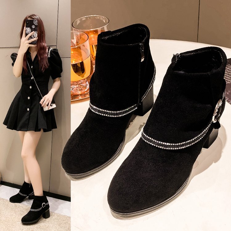 2024春秋新款水钻带粗跟短筒靴女侧拉链弹力瘦瘦靴百搭韩版骑士靴